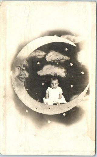 Vintage Paper Moon Studio Photo Postcard Stunned Baby In Moon " Georgia Bledsoe "