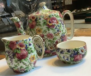 Vintage Royal Winton Grimwades Summertime Chintz Small Teapot Creamer Sugar Dish