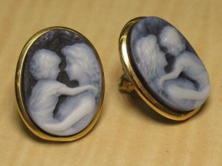 14k Yellow Gold Jewelry Blue Carved Mother Child Cameo Stud Earrings