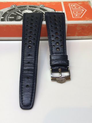 Vintage Heuer Monaco 22mm Perforated Leather Rally Band Blue Heuer B Buckle 16mm