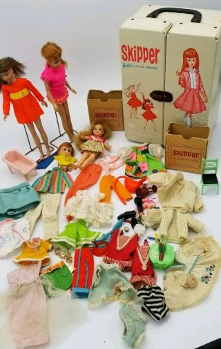 Vintage Barbies Skipper 4 Dolls Carrying Case Clothes Accessories Little Sister