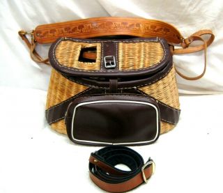 Vintage Wicker Fishing Creel Basket - Leather W/front Storage
