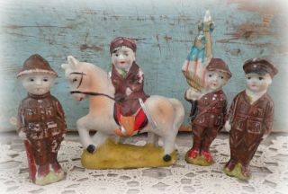 Antique Penny Bisque Dolls Wwi Soldiers Doll Set 4 Japan Porcelain Historical
