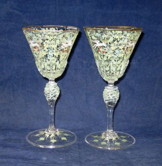 Set Of 2 Antique Salviati Moser Murano Canine & Foliate Wine Goblets