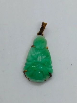 Vintage Chinese Carved Green Jade & 14k Yellow Gold Buddha Small Charm Pendant
