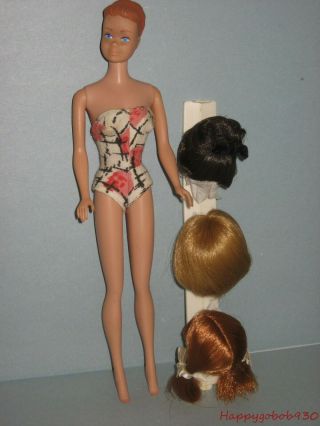Vintage Barbie Midge Wig Wardrobe Doll And 3 Htf Wigs On Wig Stand 1964 E18