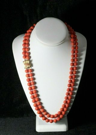 Vintage Panetta Simulated Coral Color Double Strand Beaded Necklace & Clasp