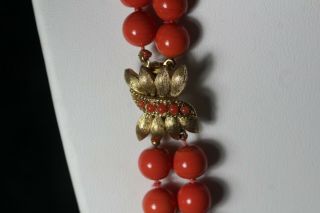 Vintage Panetta Simulated Coral Color Double Strand Beaded Necklace & Clasp 2