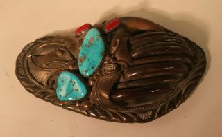 Unique Rare Vintage Navajo Sterling Silver 925 Belt Buckle Coral Turquoise Claws