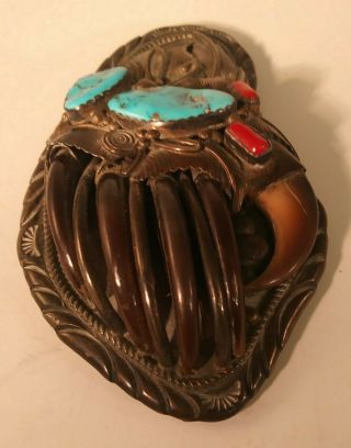 Unique Rare Vintage Navajo Sterling Silver 925 Belt Buckle Coral Turquoise Claws 2
