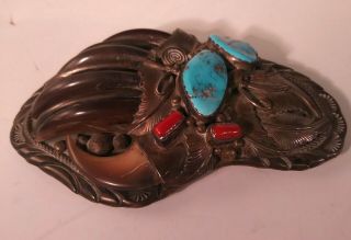 Unique Rare Vintage Navajo Sterling Silver 925 Belt Buckle Coral Turquoise Claws 3