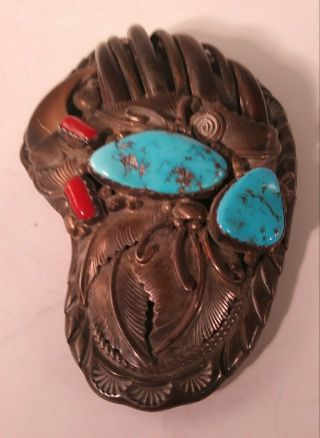 Unique Rare Vintage Navajo Sterling Silver 925 Belt Buckle Coral Turquoise Claws 4