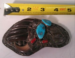 Unique Rare Vintage Navajo Sterling Silver 925 Belt Buckle Coral Turquoise Claws 8