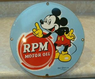 Rare Vintage Rpm Motor Oil Mickey Mouse Porcelain Sign Gas Station Pump Plate