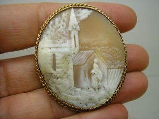 Victorian 9ct Gold Mount Carved Shell Cameo Brooch Pin Church Secene