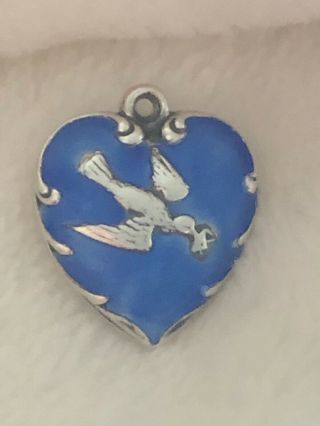 Vintage Sterling Puffy Heart Charm With Enamel Blue Bird With Letter 40’s