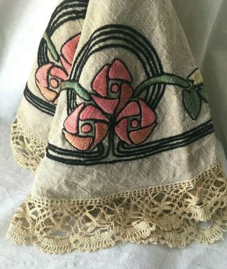 Antique Mission Arts & Crafts Stickley Era Linen 24 " Round Embroidered Topper
