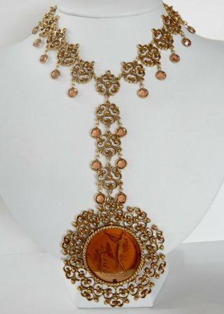 Massive Vintage Goldette Glass Intaglio Cameo Runway Necklace
