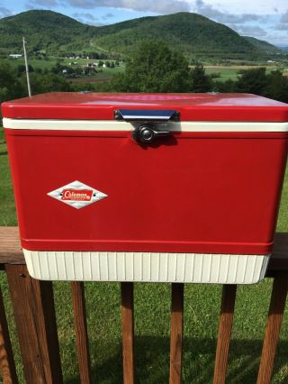 Vintage Red & White Coleman Cooler With Diamond Logo Metal & Plastic