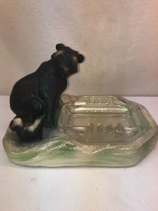 Vtg RARE 1930 - 40’s Chalk Ware Black Bear Skunk Ashtray Coin Dish Hunter Cabin 5