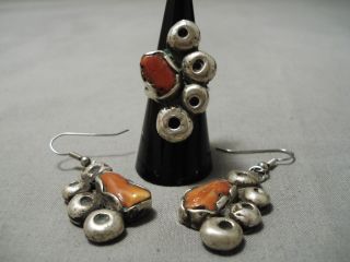 Superlative Chunky Coral Vintage Navajo Heavy Sterling Silver Ring Earring Set