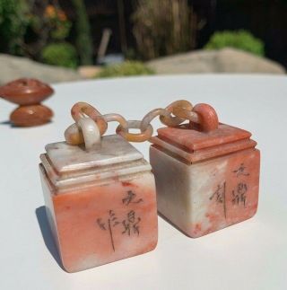 Antique/vintage Chinese Soapstone Seals With Carved Chain