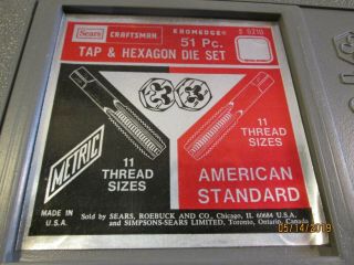 Vintage Craftsman USA 51 piece Tap and Die Set Hexagon Pristine Metric & SAE 9
