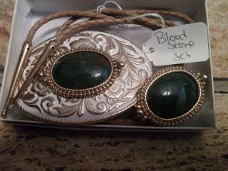 Blood Stone Stone Cabochons Belt Buckle And Bolo Tie Set Vintage Western