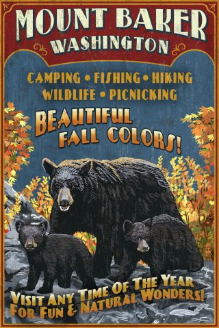 Mt Baker,  Wa Black Bears Vintage Sign - Lp Artwork (posters,  Wood & Metal Signs)