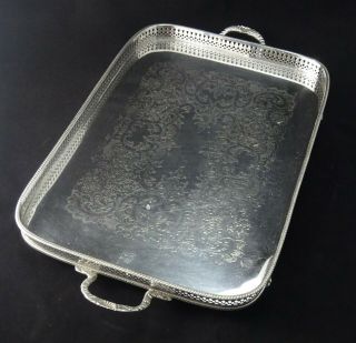 Rectangle Chased Pierced Gallery Butler Serving Tray Silver Plate On Copper