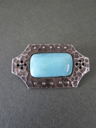 Vintage Modernist Pewter Brooch With Turquoise Glass