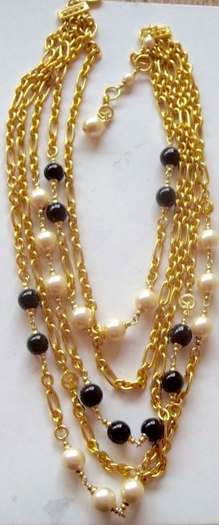 St John Vintage Necklace Haute Couture Creamy Pearls Black Beads Gold Sj Logo