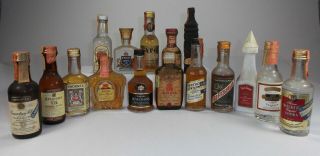 Vintage Mini Glass Liquor Bottles Qty 16 Full Labels Whiskey Scotch Bourbon 1960