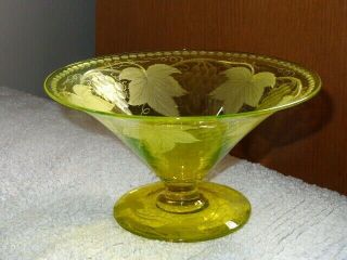 Antique Pairpoint Canaria Vaseline Glass Engraved Grapes & Leaves Compote