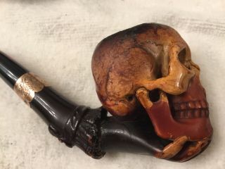 Vintage Carved Skull Meerschaum Pipe pre - 1975 In Custom Carved Case Very Rare 10