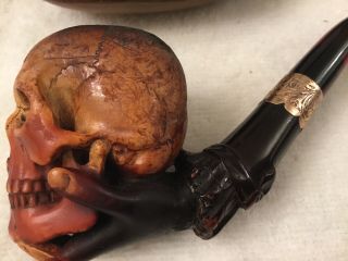 Vintage Carved Skull Meerschaum Pipe pre - 1975 In Custom Carved Case Very Rare 4