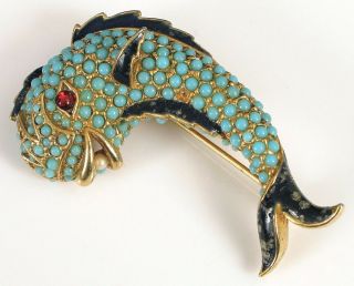 Vintage Designer Signed Ciner Tropical Fish Brooch Turquoise Beads Pearl Enamel
