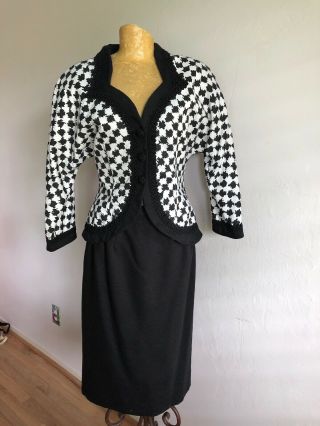 Vintage 1980s Victor Costa Black And White Plaid Skirt Suit