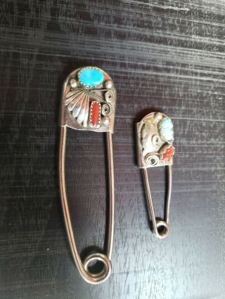 Vintage Large Native American Navajo Turquoise Coral Safety Pin Sterling Silver