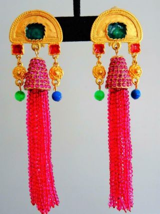 Vtg 80s Barrera Mogul Jeweled 4.  5 " Jade Lapis Gilt Glass Tassel Runway Earrings