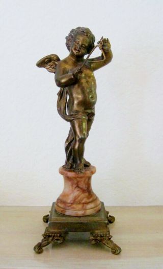 Exquisite Vintage Bronze Cherub With Triangle On Marble Base,  French Anttique