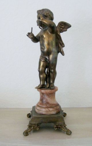 EXQUISITE VINTAGE BRONZE CHERUB WITH TRIANGLE ON MARBLE BASE,  FRENCH ANTTIQUE 2