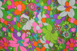 Vintage Retro Mod Floral Fabric Bright Greens,  Pinks,  Purples,  Oranges 45 " X90 "