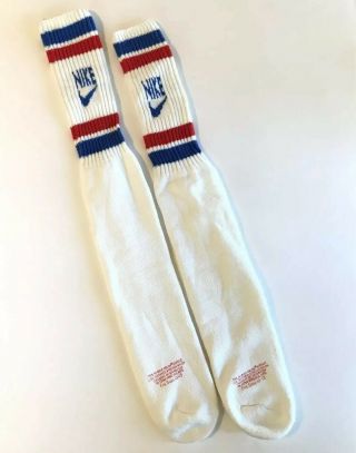 Vintage Nike 1970s 80s Tube Socks Red Blue Stripe White Swoosh - Near
