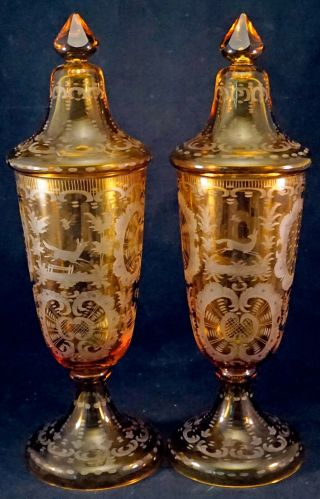 Pair Antique Czech Bohemian Glass Amber Cut 2 Clear Tall Covered Candy Jar Stag