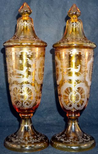 PAIR Antique Czech Bohemian Glass Amber Cut 2 Clear Tall Covered Candy Jar Stag 2