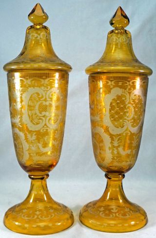 PAIR Antique Czech Bohemian Glass Amber Cut 2 Clear Tall Covered Candy Jar Stag 3