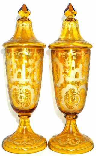 PAIR Antique Czech Bohemian Glass Amber Cut 2 Clear Tall Covered Candy Jar Stag 4