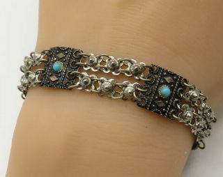 Israel 925 Sterling Silver - Vintage Beaded Turquoise Linked Bracelet - B2317