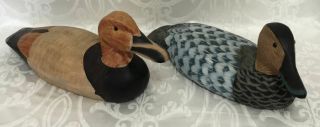 Vintage 2 Solid Wood Hand Carved Painted Decoy Ducks Glass Eyes